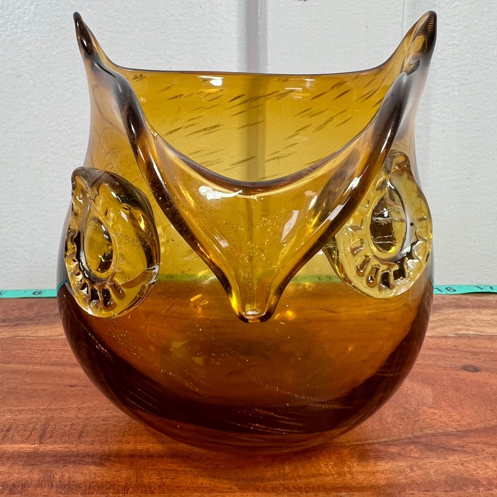 Amber Hand Blown Art Glass Owl Vase Applied Eyes Textured Honey Gold Decor